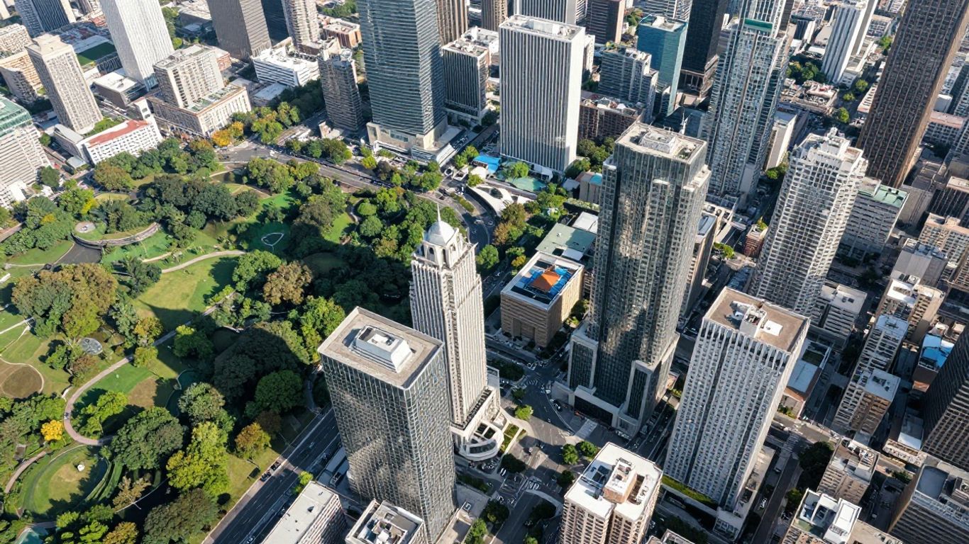 Aerial view of a city skyline with skyscrapers.