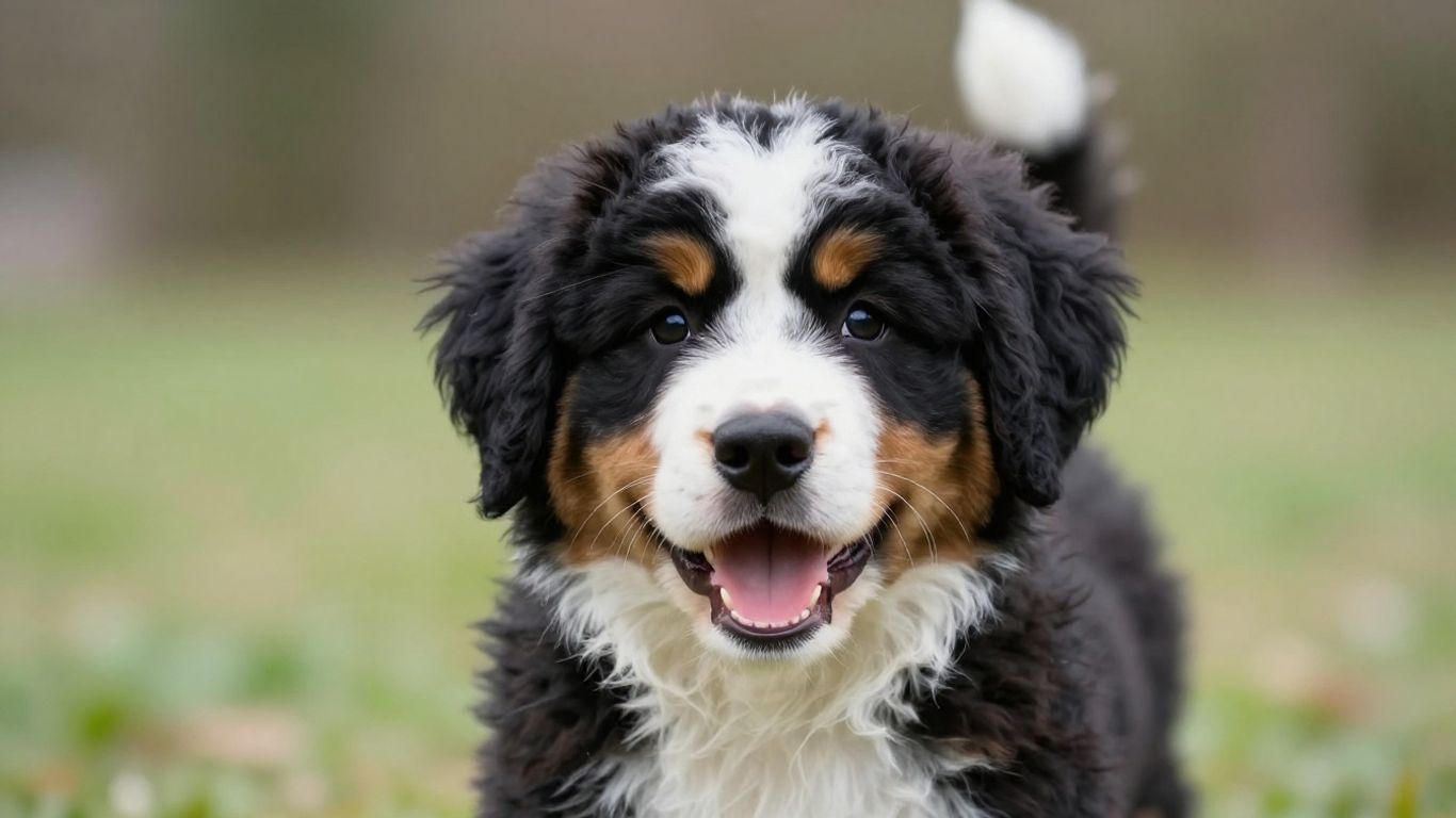 Bernedoodle puppy barking with mouth open.