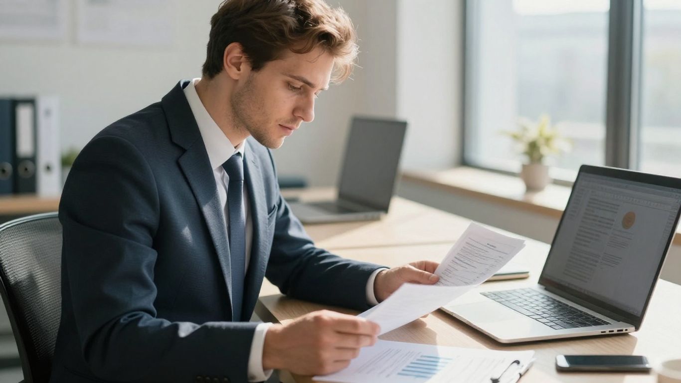 Person reviewing financial documents in an office.