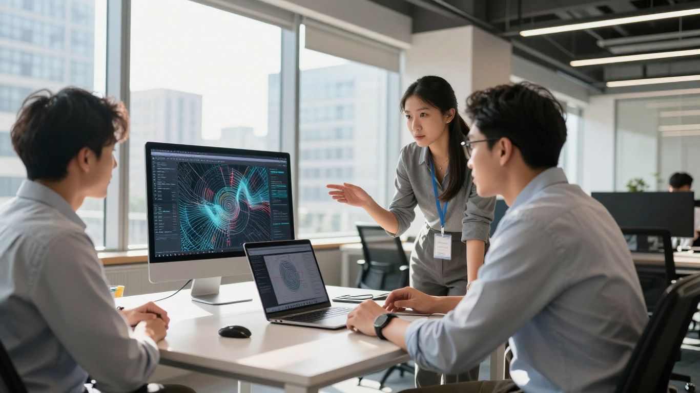 Digital agency professionals collaborating on a laptop.