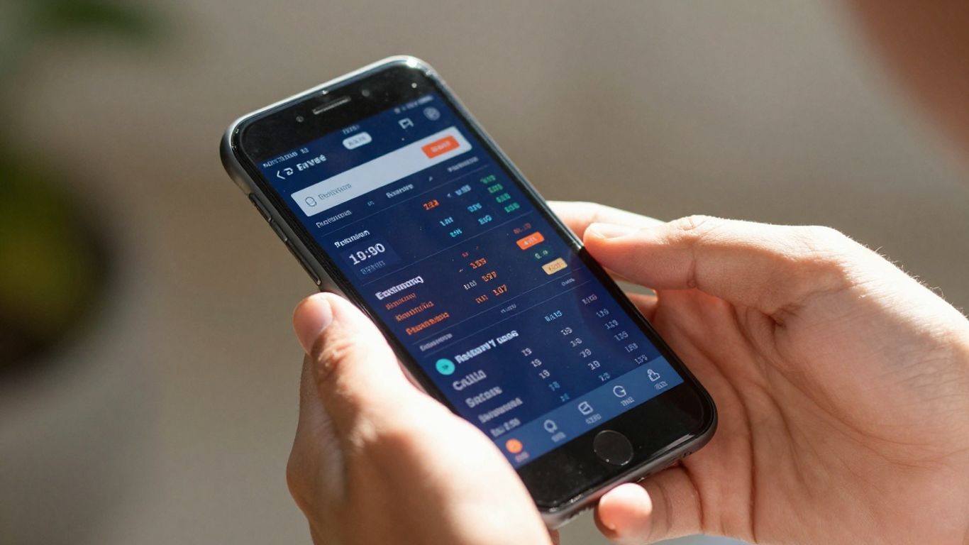 Hands holding smartphone with trading app open.