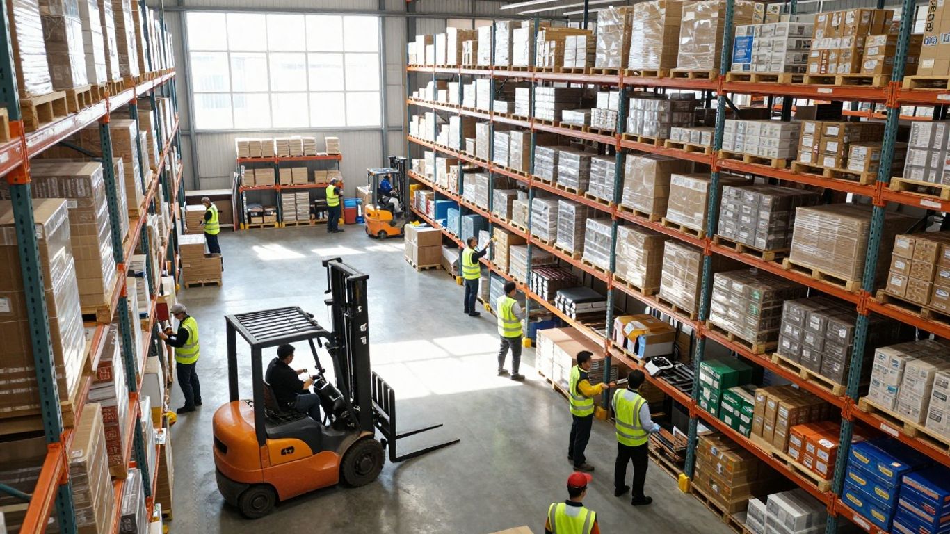 Distribution center operations with forklifts and teams.