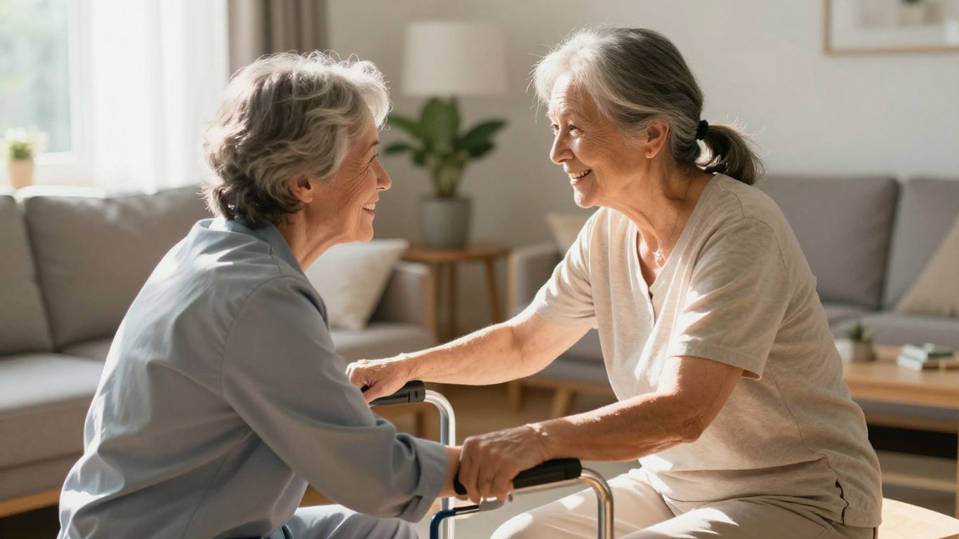 Home health aide caring for elderly patient in a bright living room.