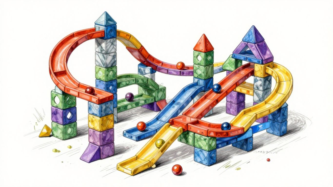 Boceto de baldosas magnéticas construyendo una pista de canicas.