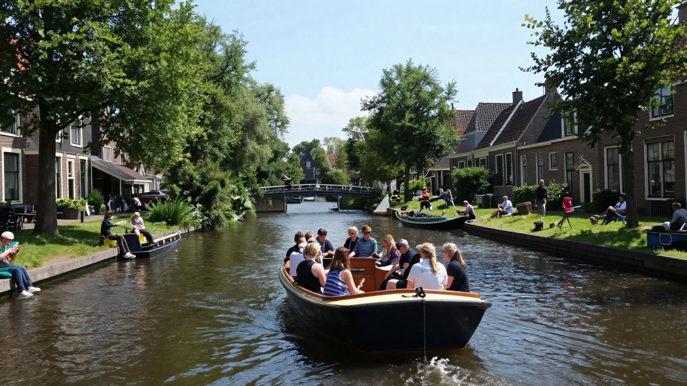 Groep mensen op sloep in Nederlandse gracht