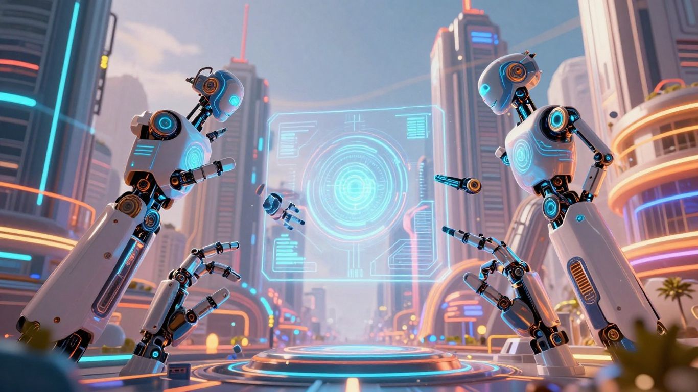 Futuristic AI cityscape with robotic hands and holographic interfaces.
