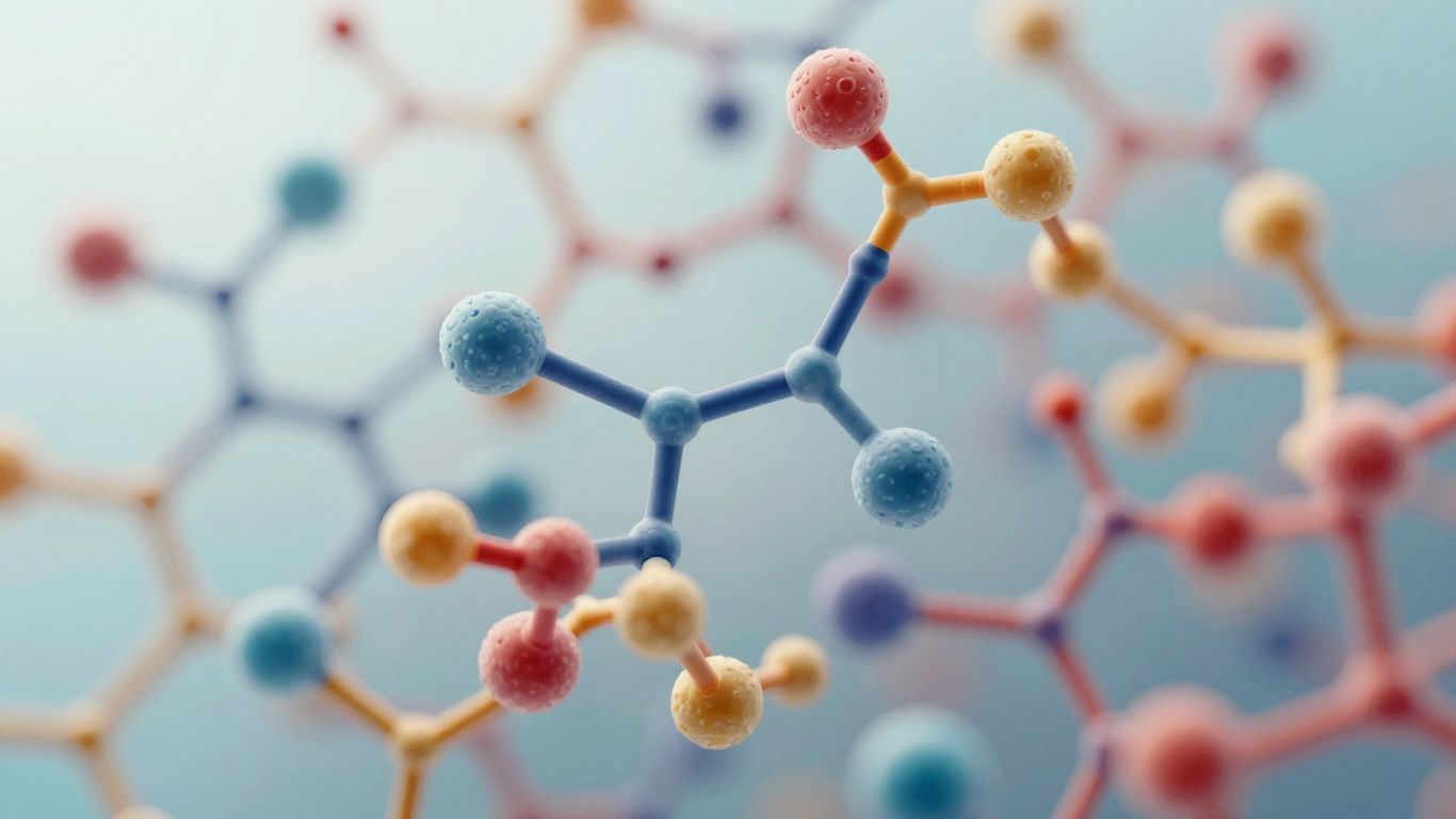 Close-up of complex peptide chains, biological building blocks.