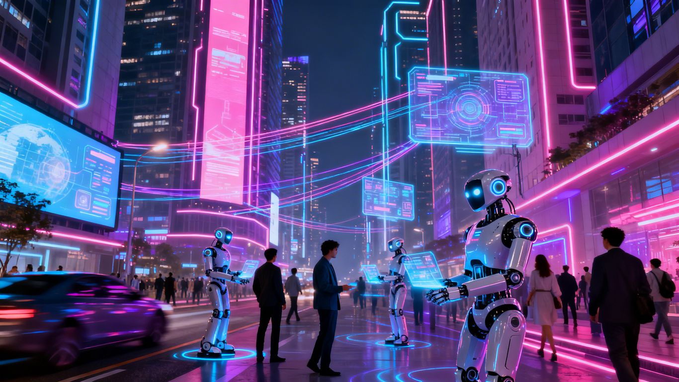 Futuristic city with AI robots and digital lights