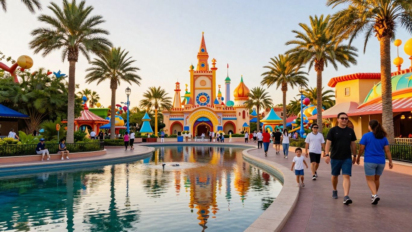 Colorful Orlando theme park at sunset