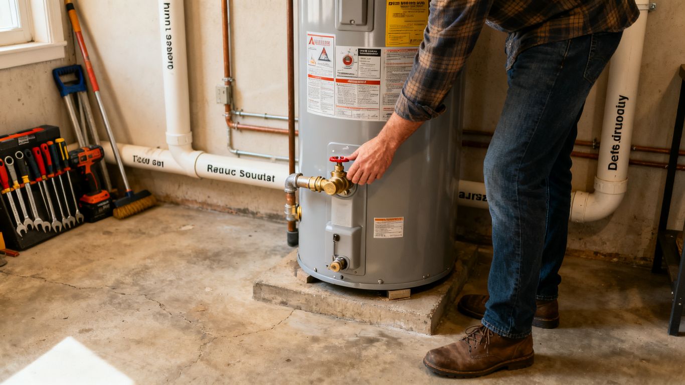 Homeowner safely checking water heater controls