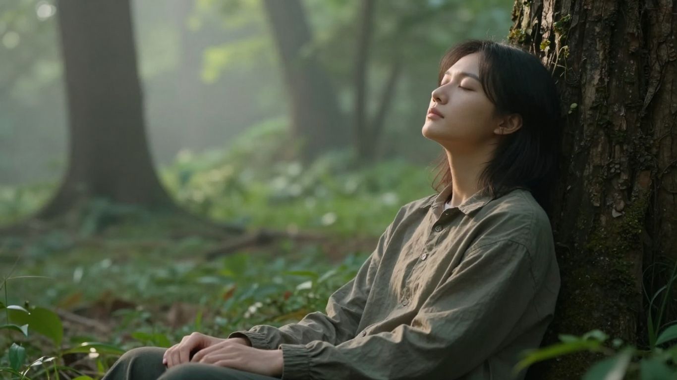 Person practicing slow breathing in a quiet natural setting