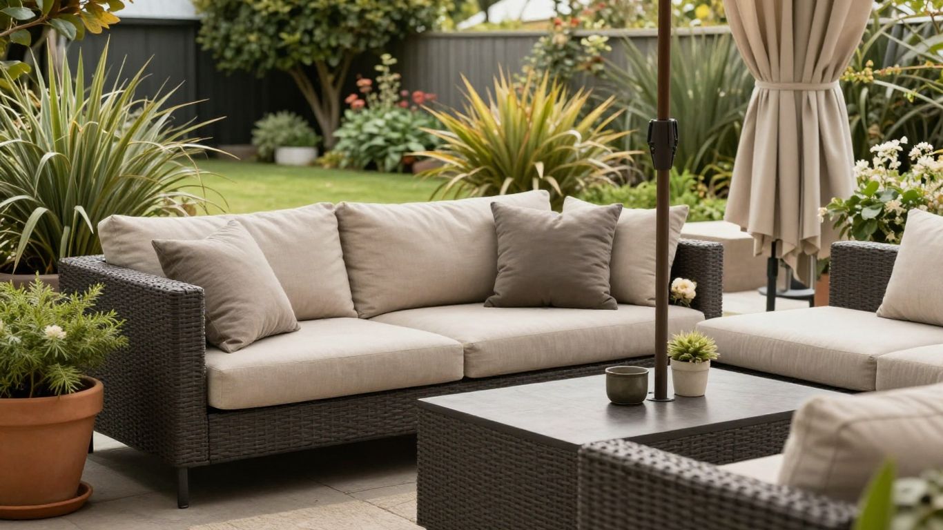 Comfortable outdoor seating with cushions and shade