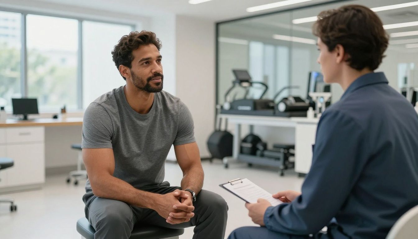 Premium realistic men’s health scene with a confident diverse man in his 40s meeting a provider in an upscale clinic beside a modern lab and fitness recovery area, natural lighting, polished but authentic, no text, no logos