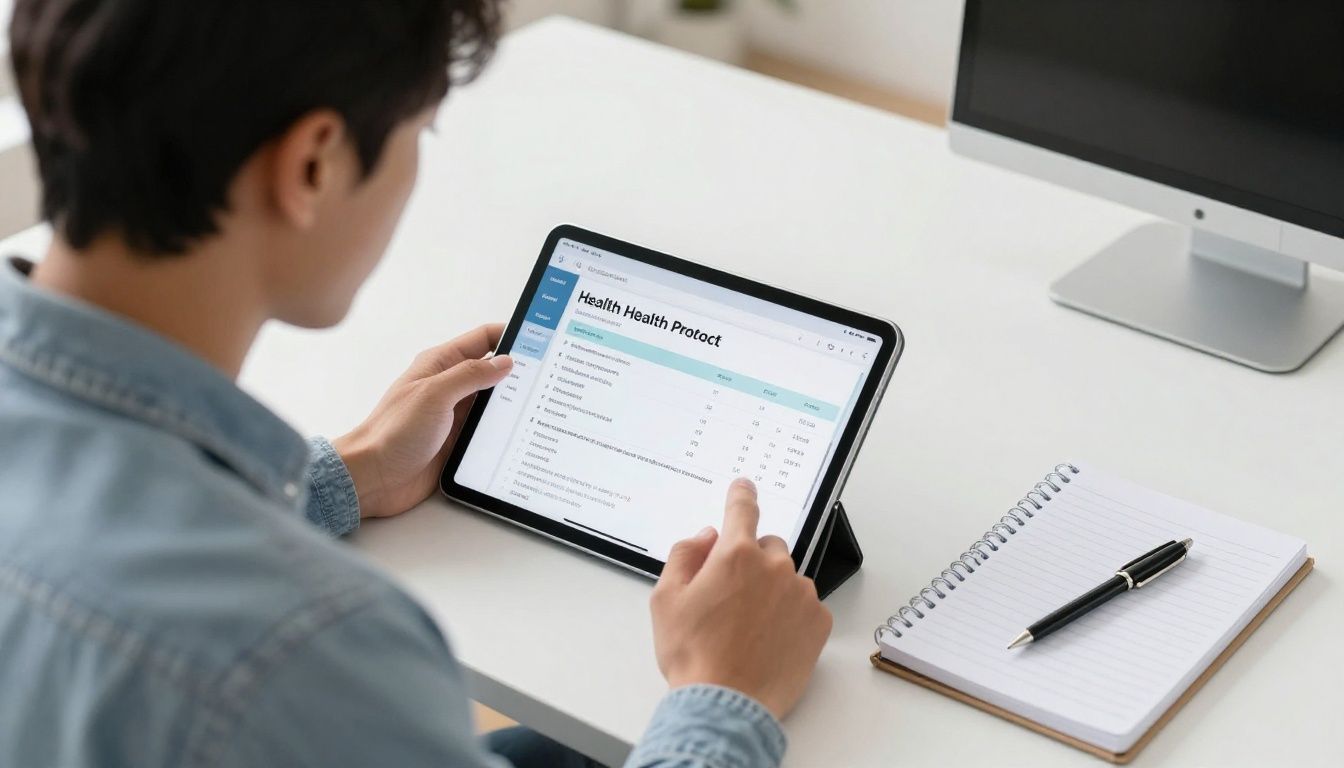 A focused man in his late 30s at a modern desk, using a tablet to review his health protocol data. A notebook and pen are beside the tablet, suggesting a thoughtful approach to tracking.