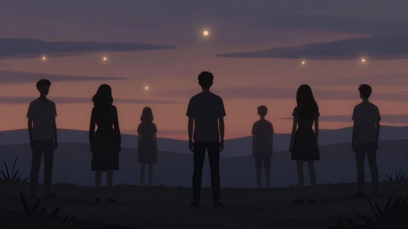 Ethereal silhouettes of departed figures against a twilight sky.