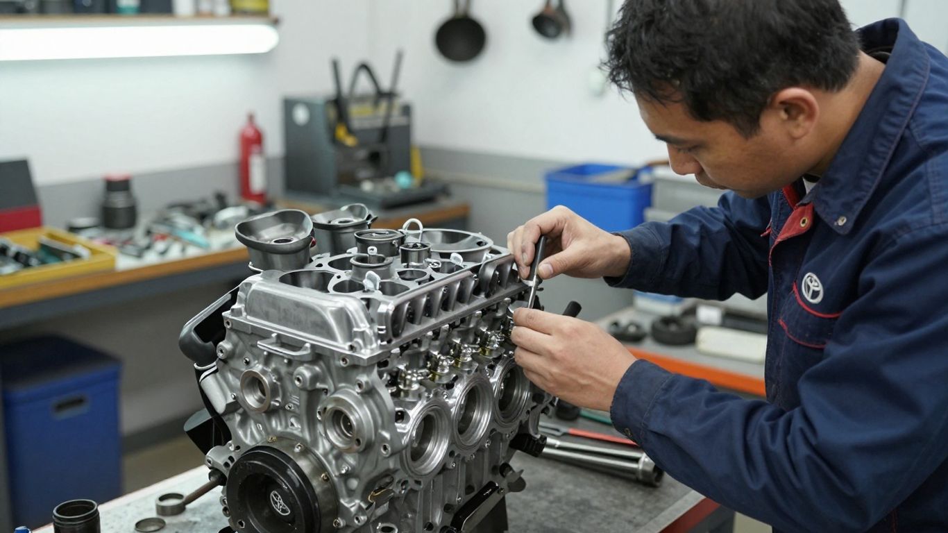 Mechanic inspecting a reconditioned Toyota engine in a workshop.
