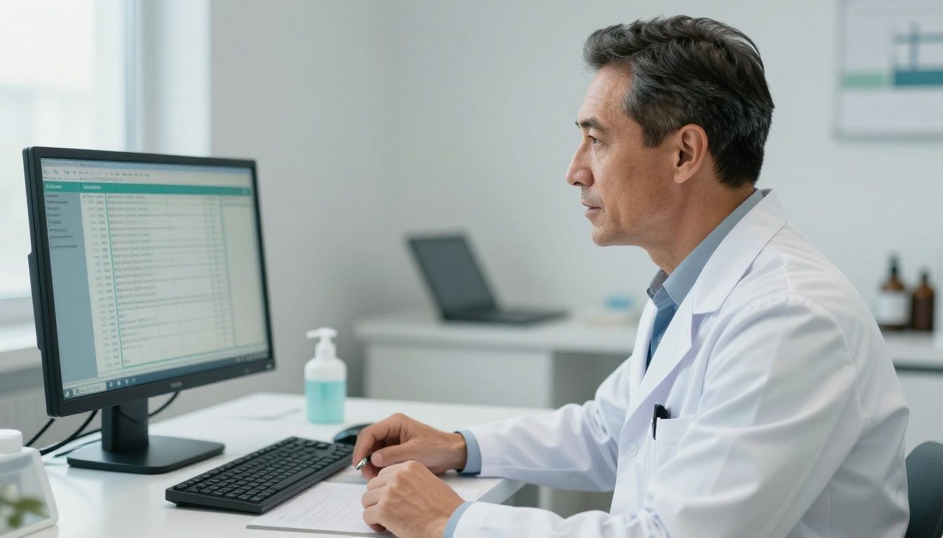 A realistic premium men’s health clinic scene with a confident white man in his 40s speaking with a male provider beside a lab results display, upscale clinical setting, subtle fitness and recovery cues, natural lighting, no logos or text.