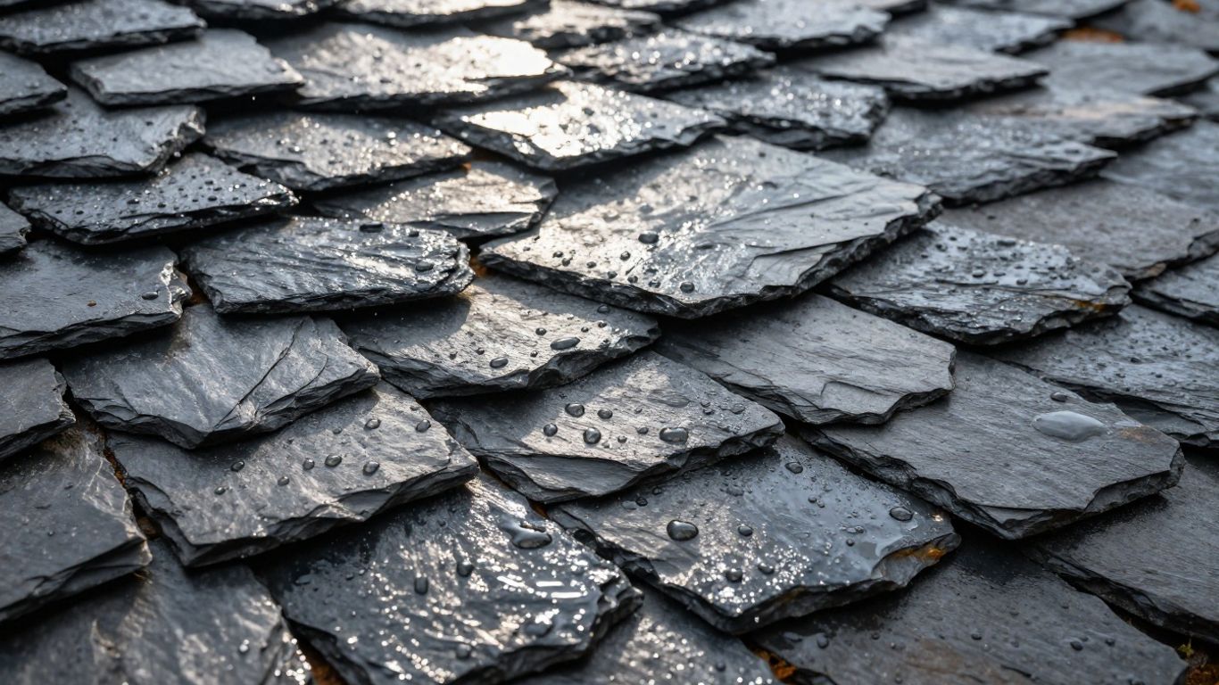 Close-up of wet slate roof tiles after rain.