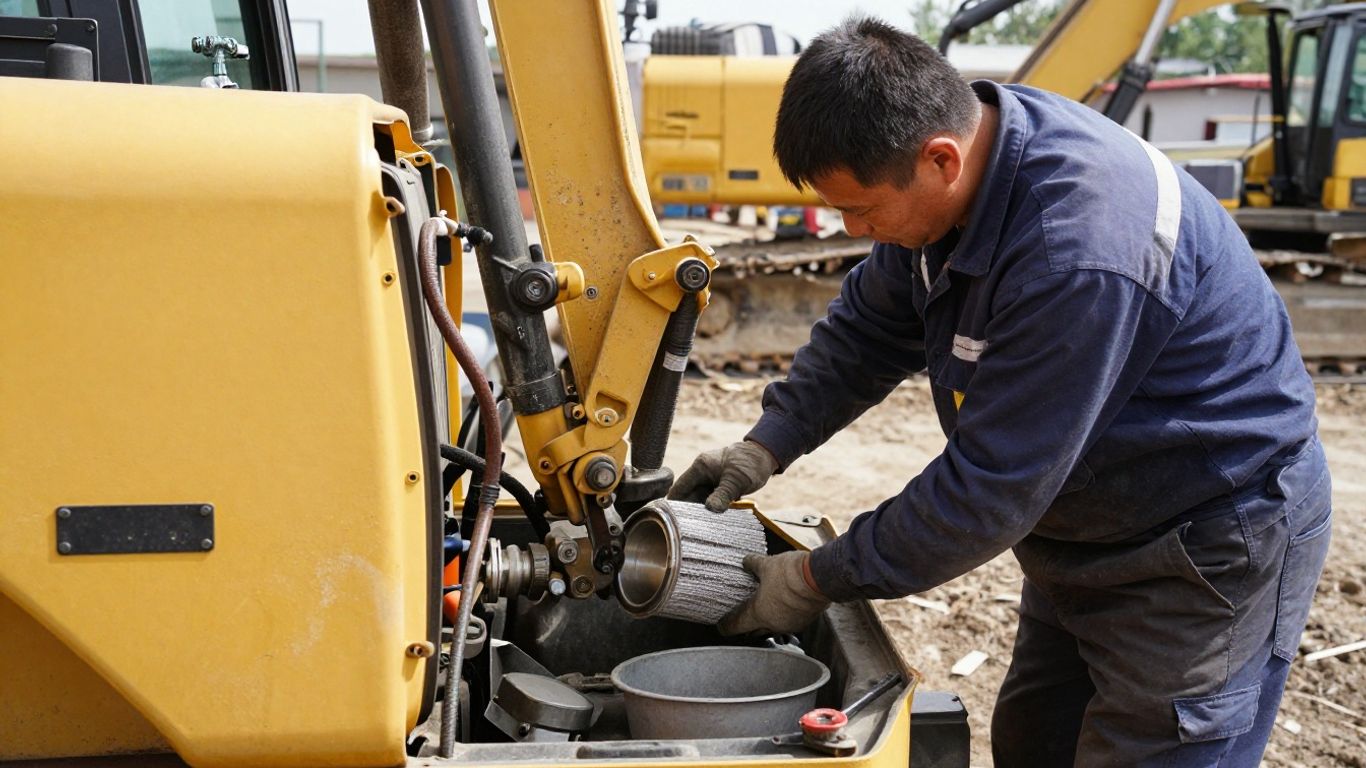 Technician replacing filters on heavy equipment