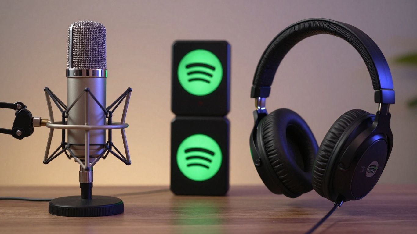 Podcast evolution from old microphone to modern studio with Spotify.