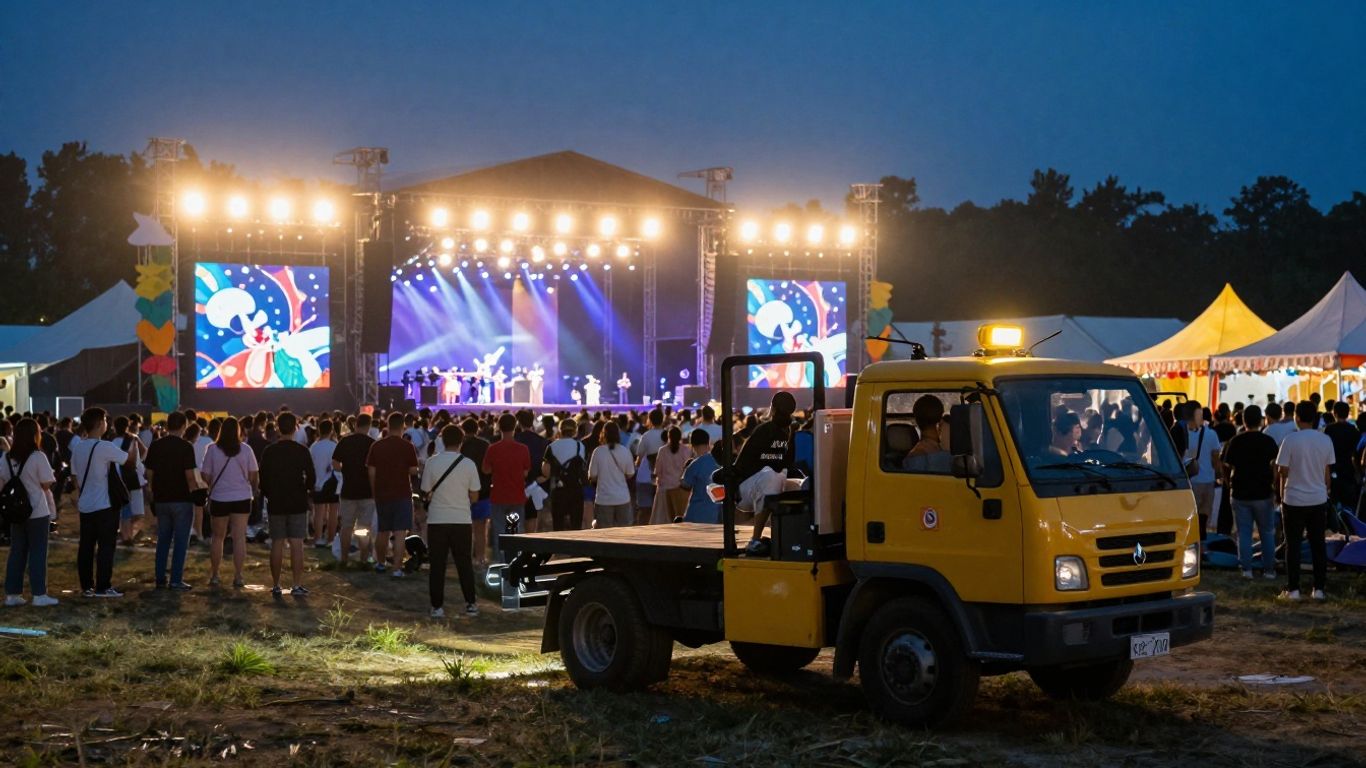 Tow truck at a lively concert festival.