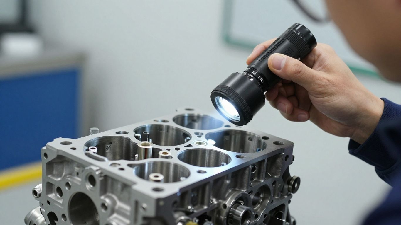 Technician inspecting engine block