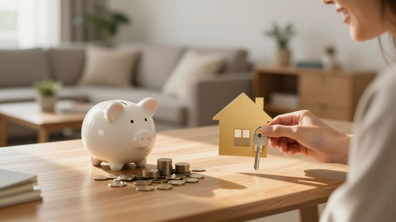 Persona feliz con llave y alcancía, símbolo de seguro de hogar.
