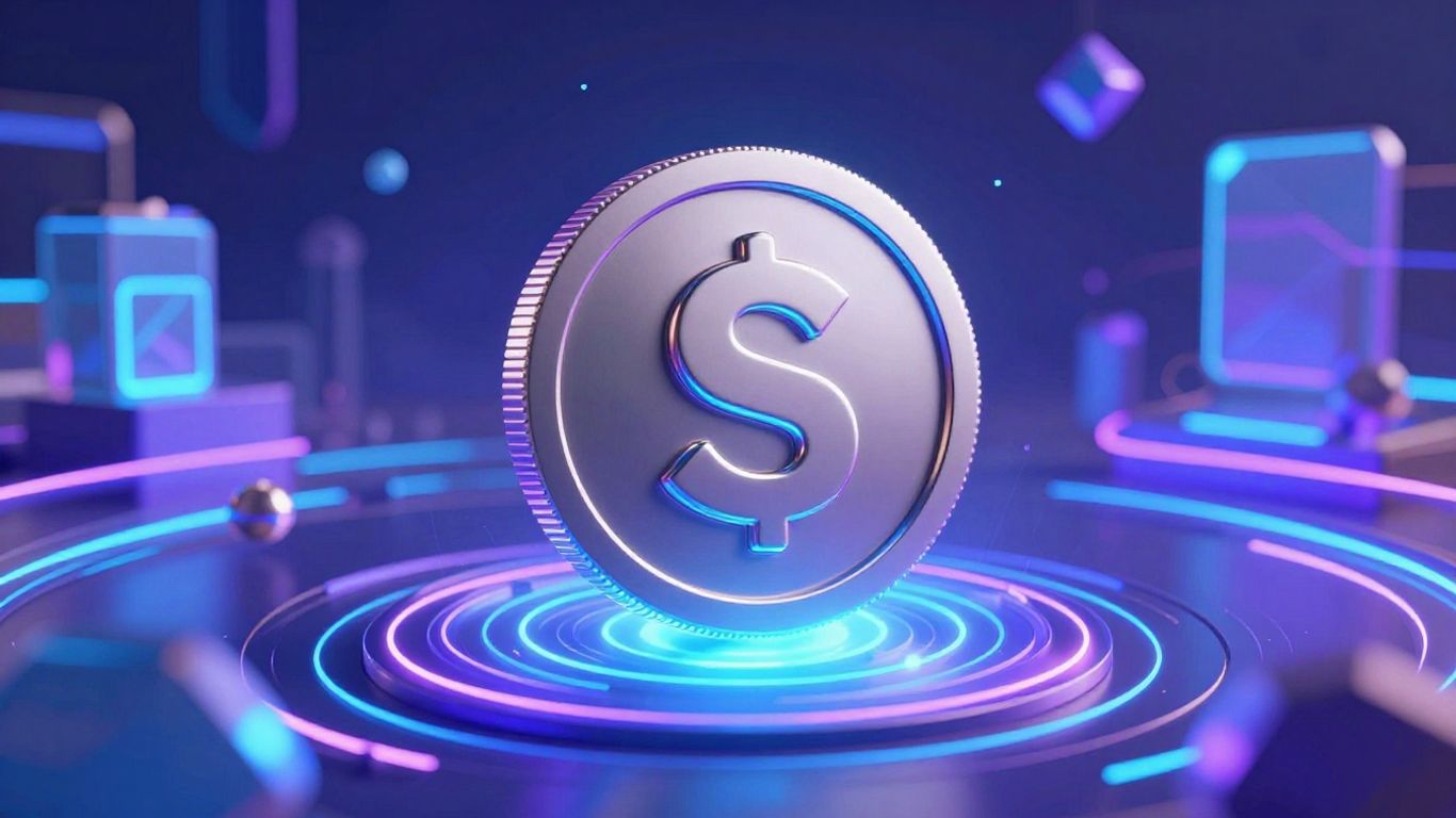 Sui cryptocurrency coin floating in a futuristic digital landscape.