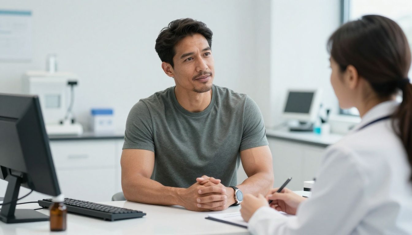 A realistic premium men’s health clinic scene with a diverse confident man in his 40s speaking with a provider beside a lab workstation, conveying thoughtful TRT evaluation, vitality, fitness, recovery, and long-term wellness; upscale natural lighting, no logos, no text, no medical drama.