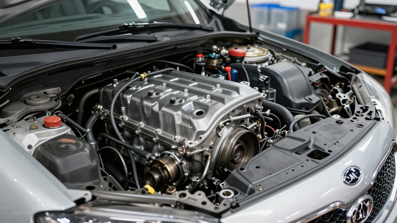 Reconditioned Kia Sportage engine in a workshop.