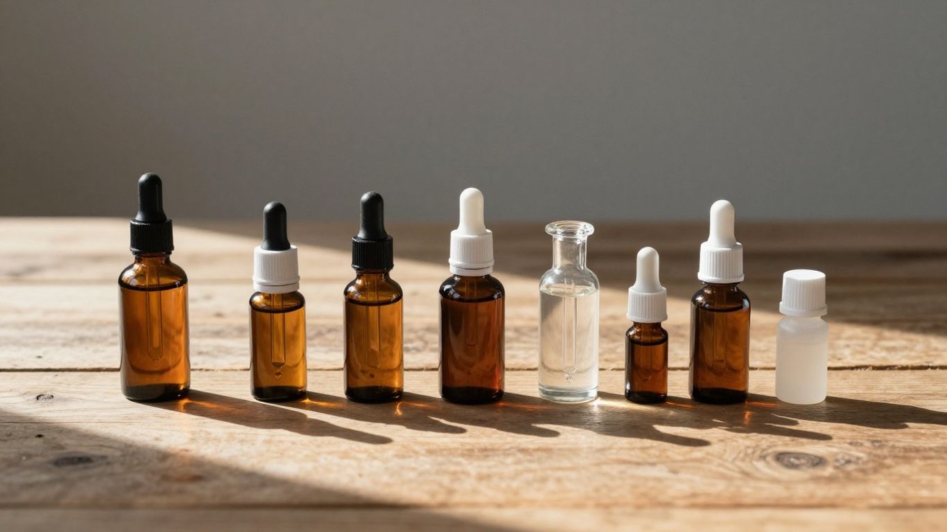 Close-up of mineral drops in glass containers