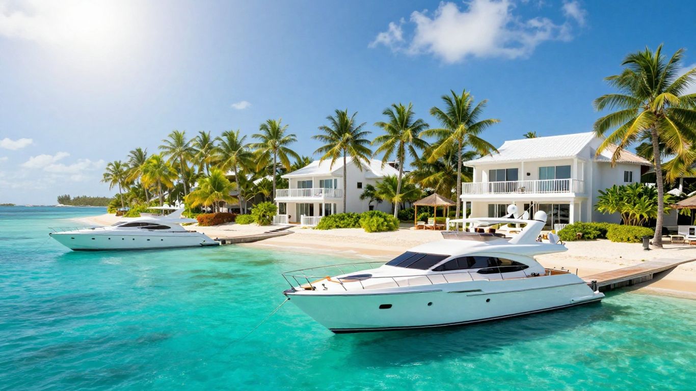 Luxury yacht club hotel with beach and yachts.