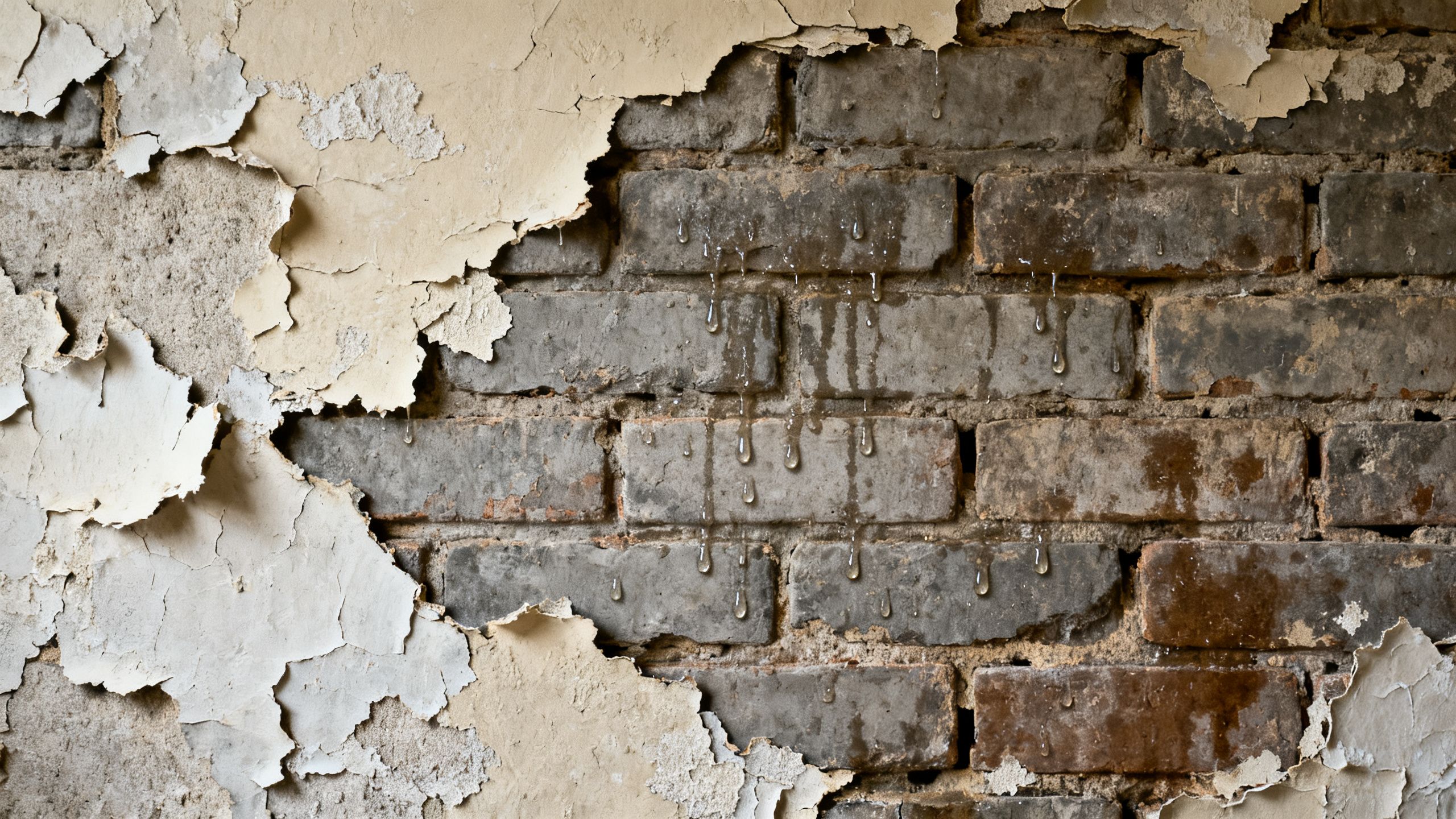 Damp and blown plaster peeling from a solid brick wall where gypsum has trapped moisture in an older home