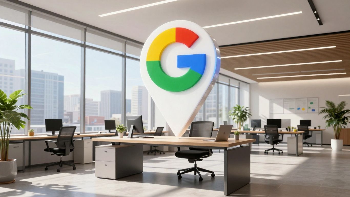 Ikona Google Moja Firma na tle biura