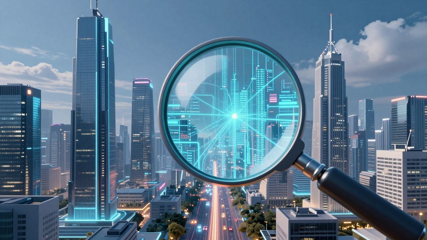 Futuristic cityscape with digital pathways and magnifying glass.