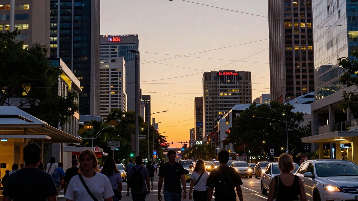 Australian cityscape with network lines and people silhouettes.