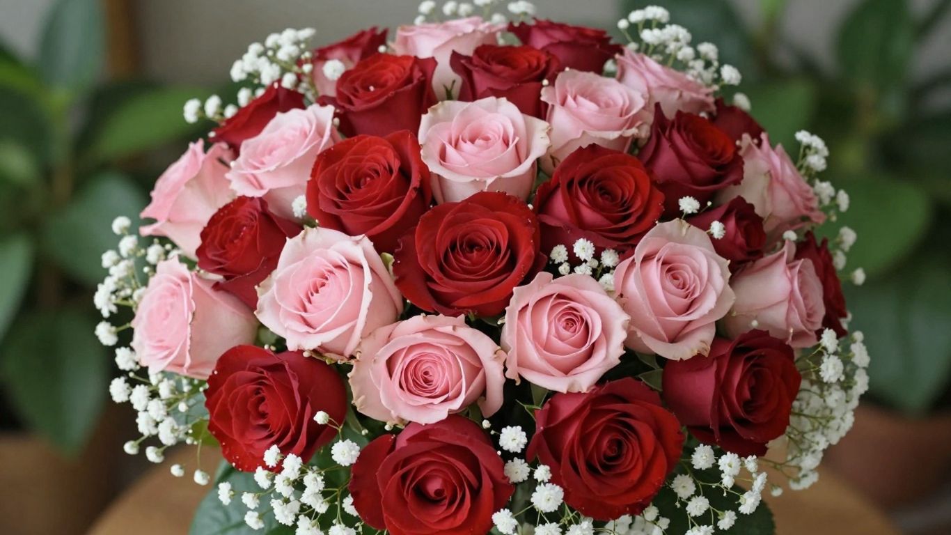 Anniversary flower bouquet with roses and baby's breath.