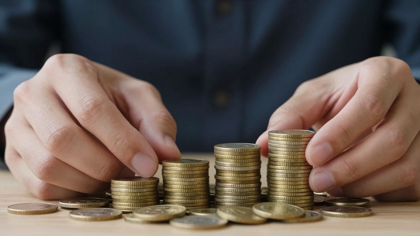Hände stapeln goldene Münzen für Wachstum und Cashflow.