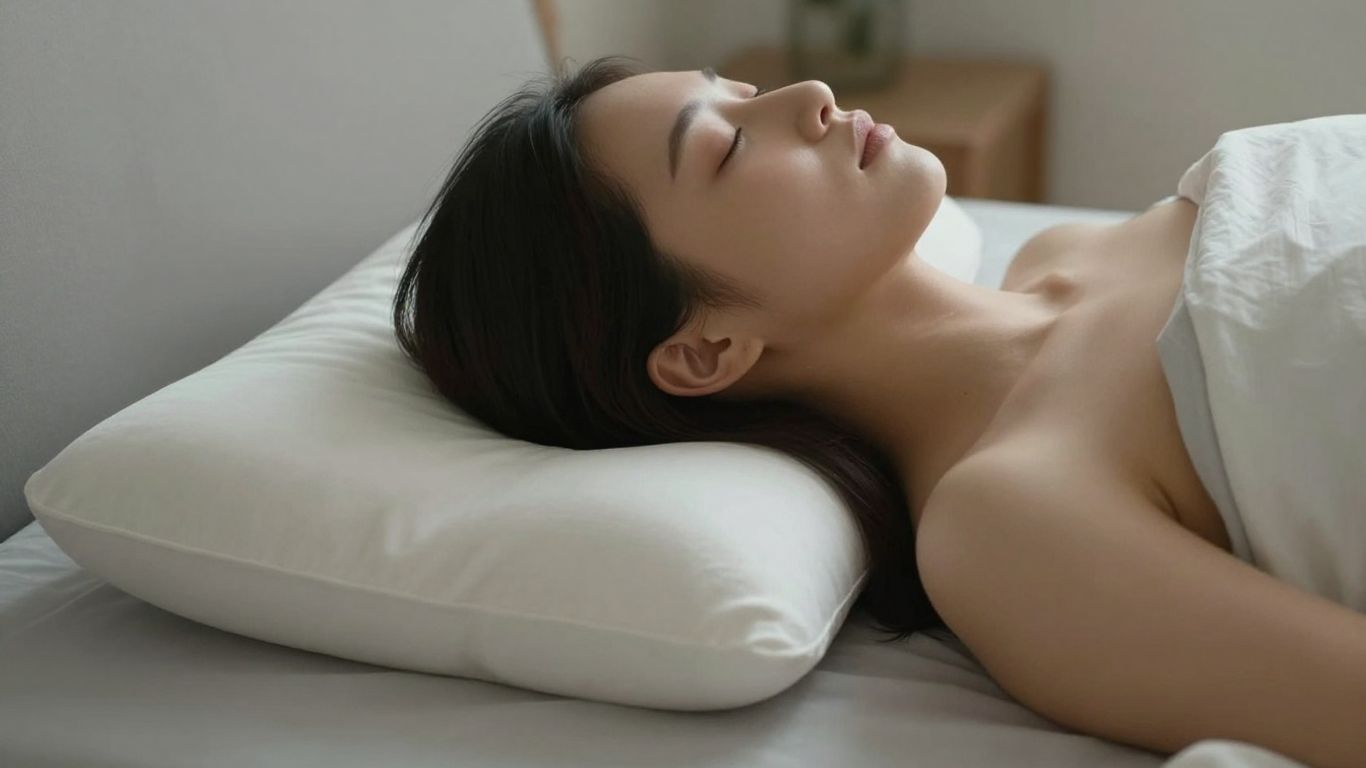 Cervical neck pillow supporting head for pain relief.