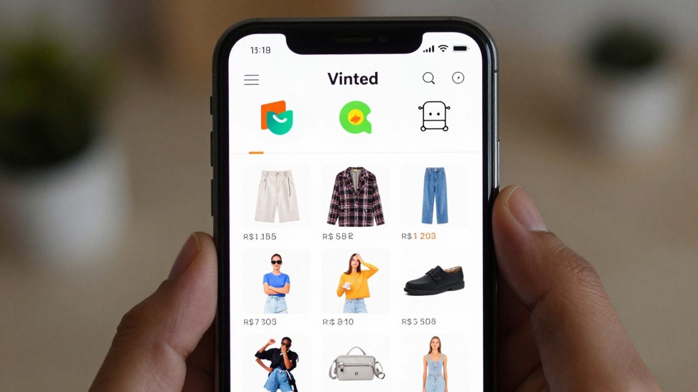 Vinted App auf einem Smartphone mit Kleidung und Preisen.