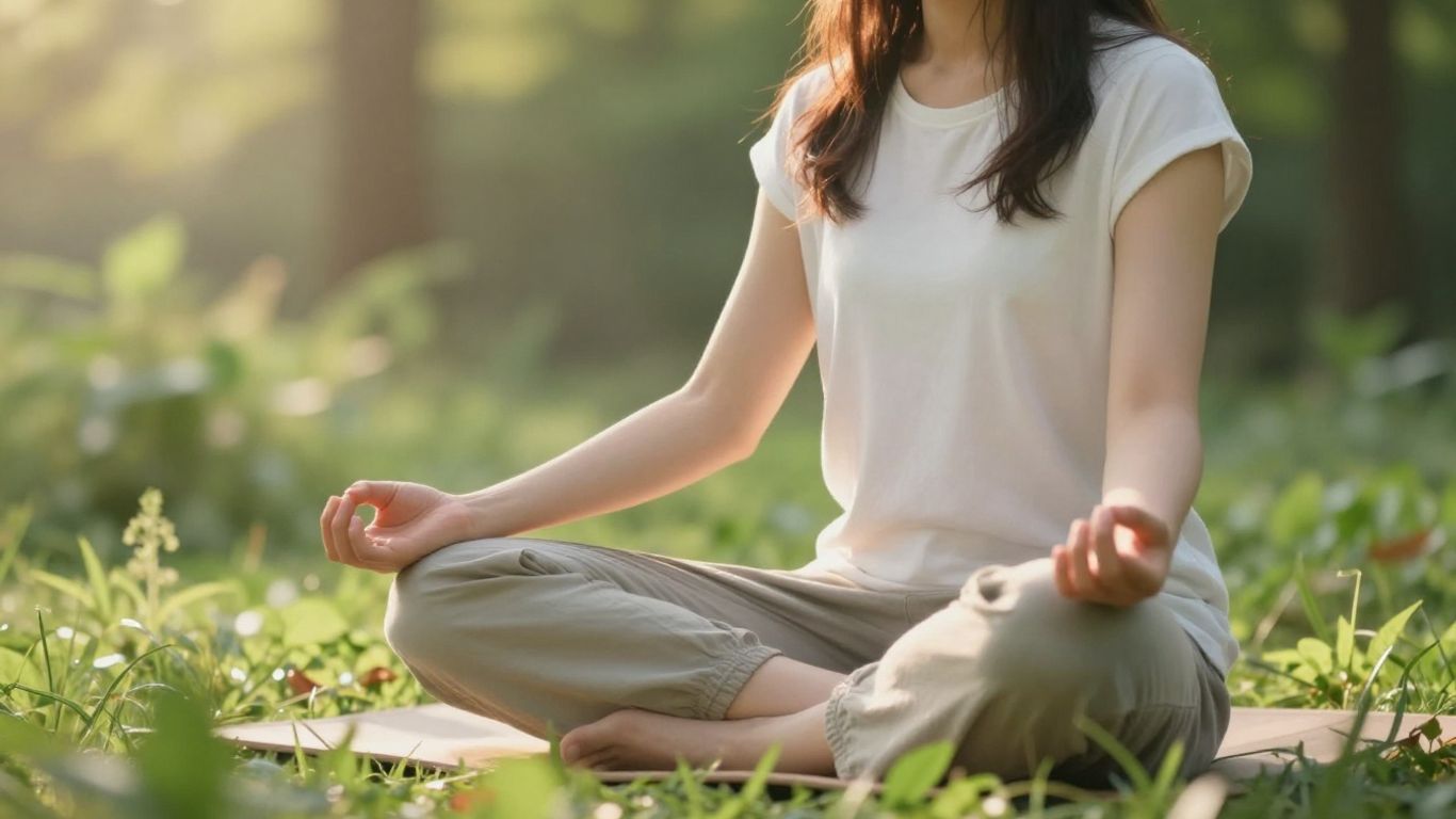 Pessoa meditando em ambiente natural tranquilo e ensolarado.