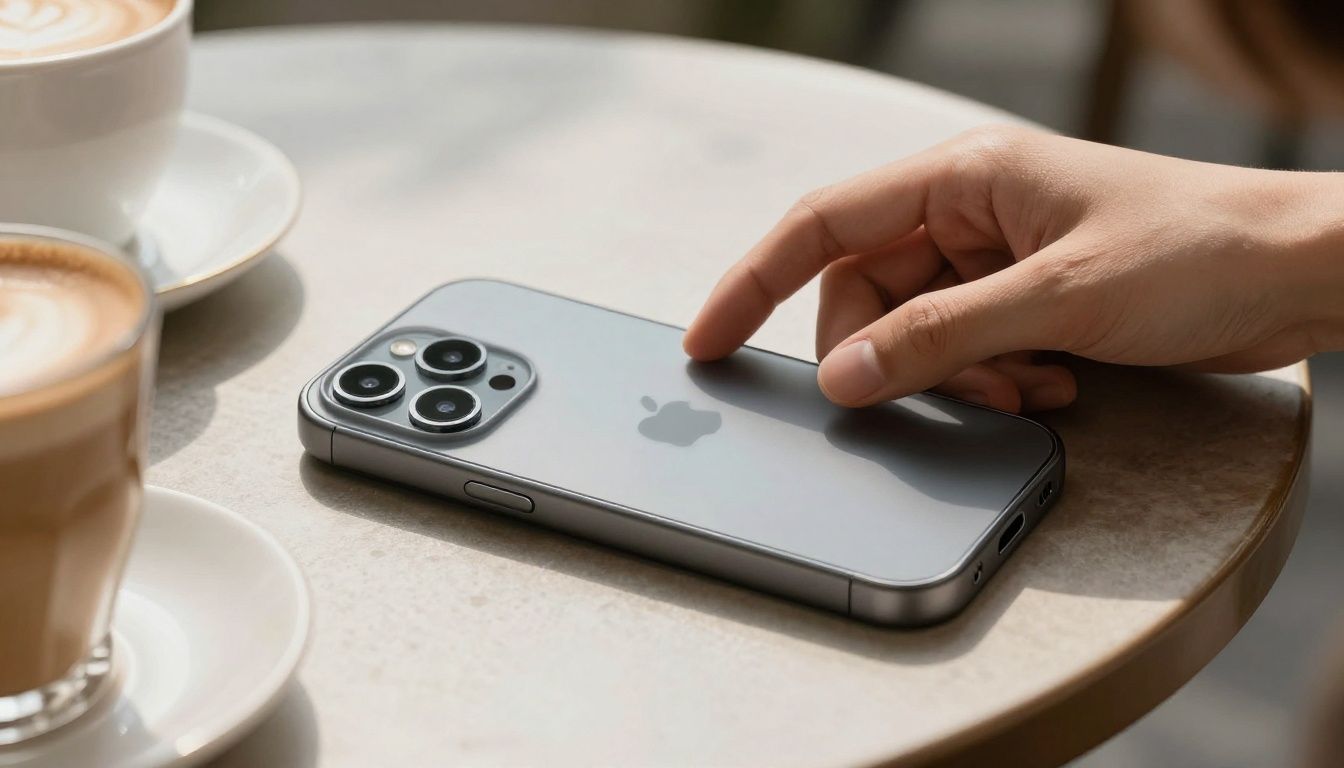 A person sitting at a sunlit cafe table, carefully putting their iPhone 17 Pro Max into a sleek, modern case.