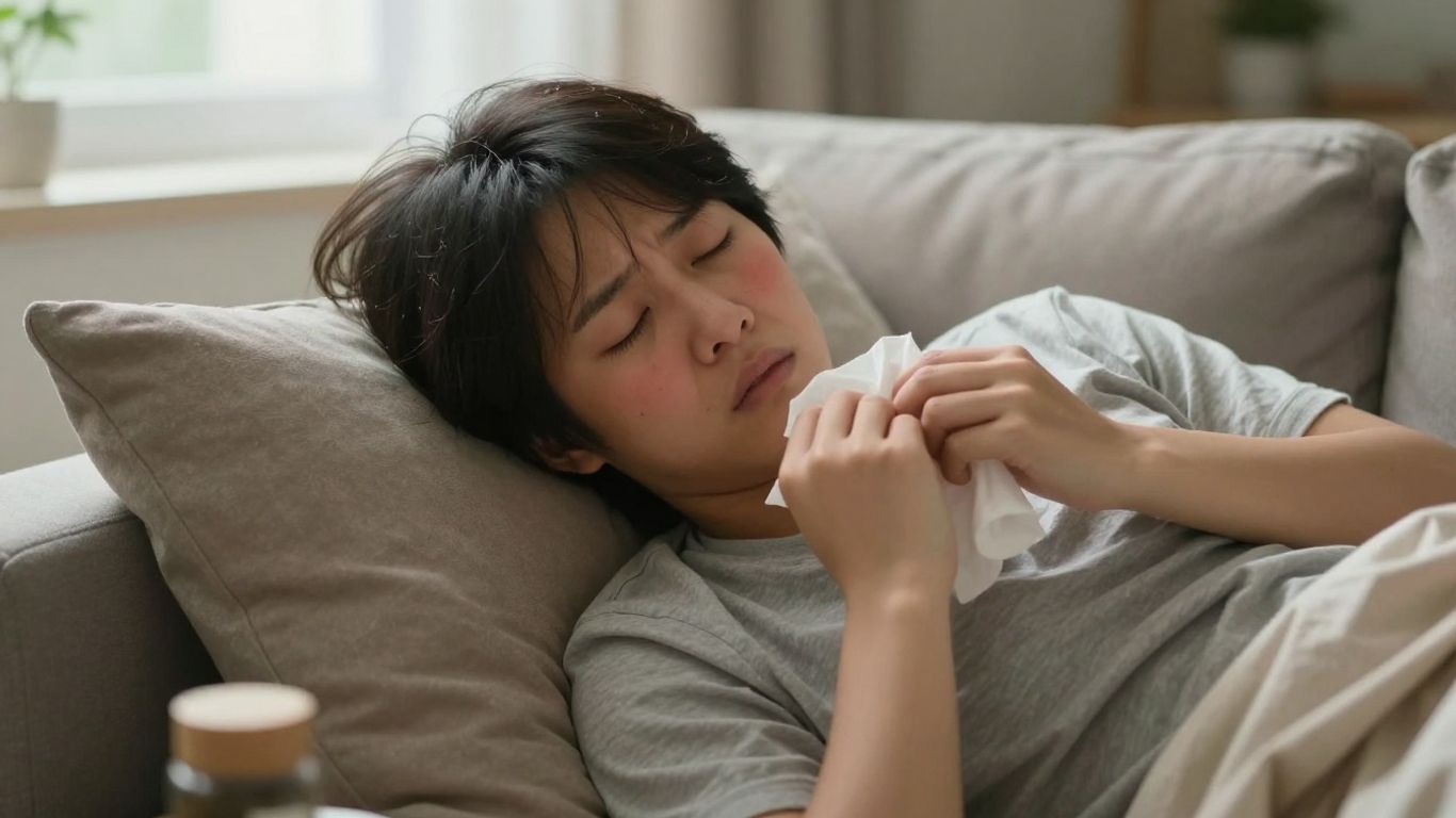 Person mit Sommergrippe im Bett liegend