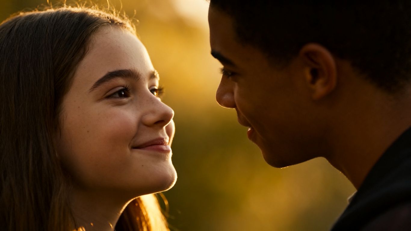 [Mckenna Grace] and [Mason Gooding] in a romantic scene.