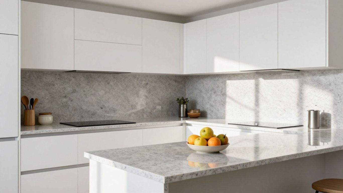 Modern kitchen with laminate countertops and fruit bowl.