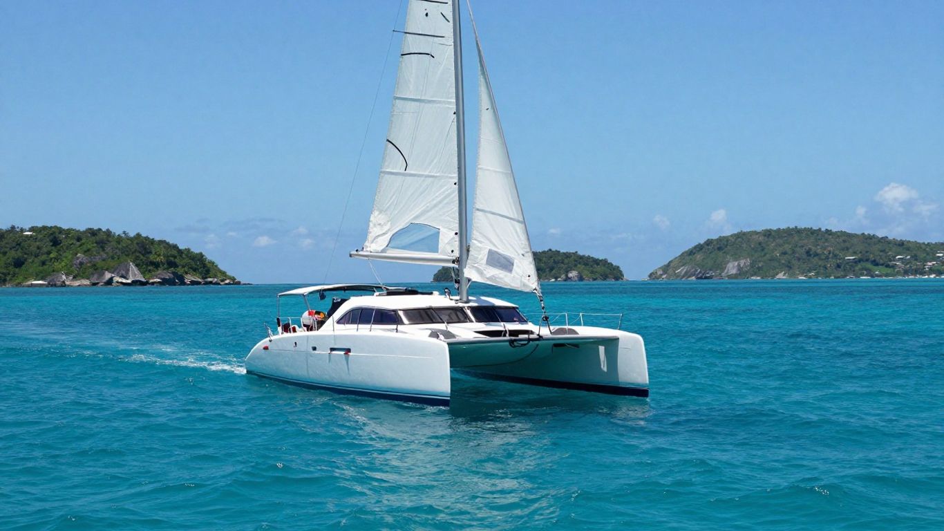 Catamaran sailing in clear turquoise Bahamian waters.
