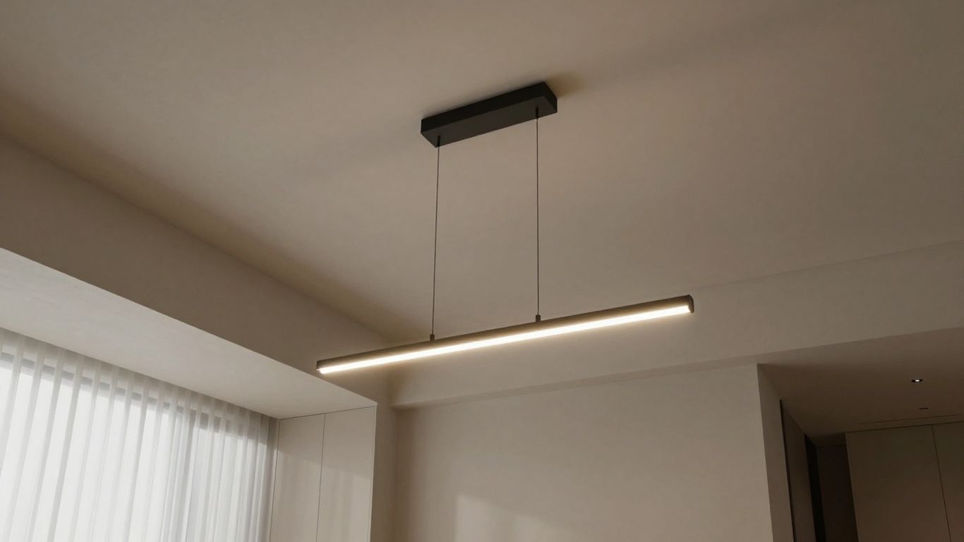 Pendant light with clean lines hanging from vaulted ceiling.