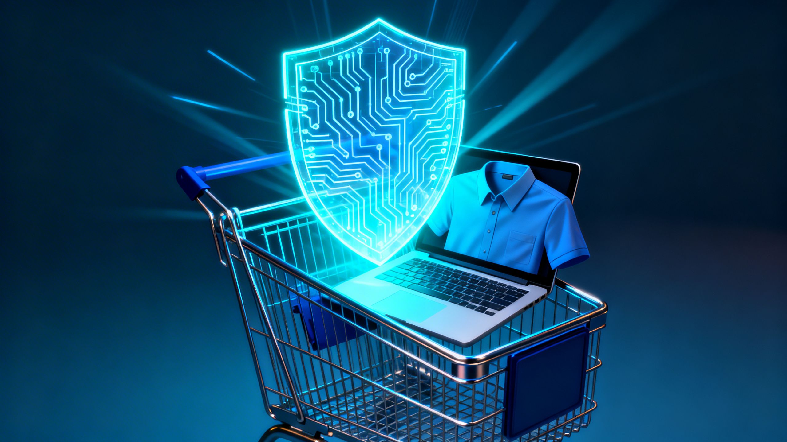 A glowing digital shield protecting a shopping cart, illustrating how automated reasoning enhances eCommerce security.