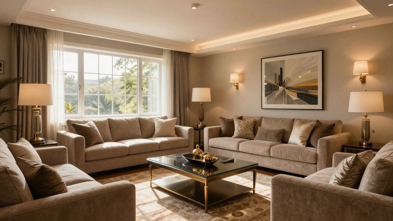 Finished basement room with natural light and stylish furniture.