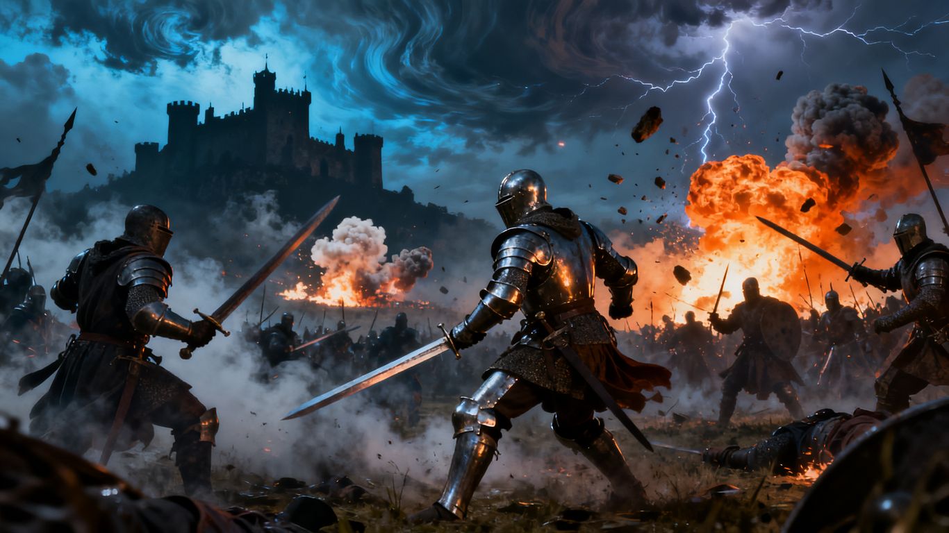 Knights battling on a medieval battlefield with explosions.